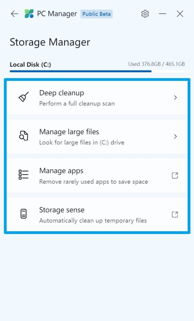 Deep cleanup Manage large file Manage large files manage apps Storage sense